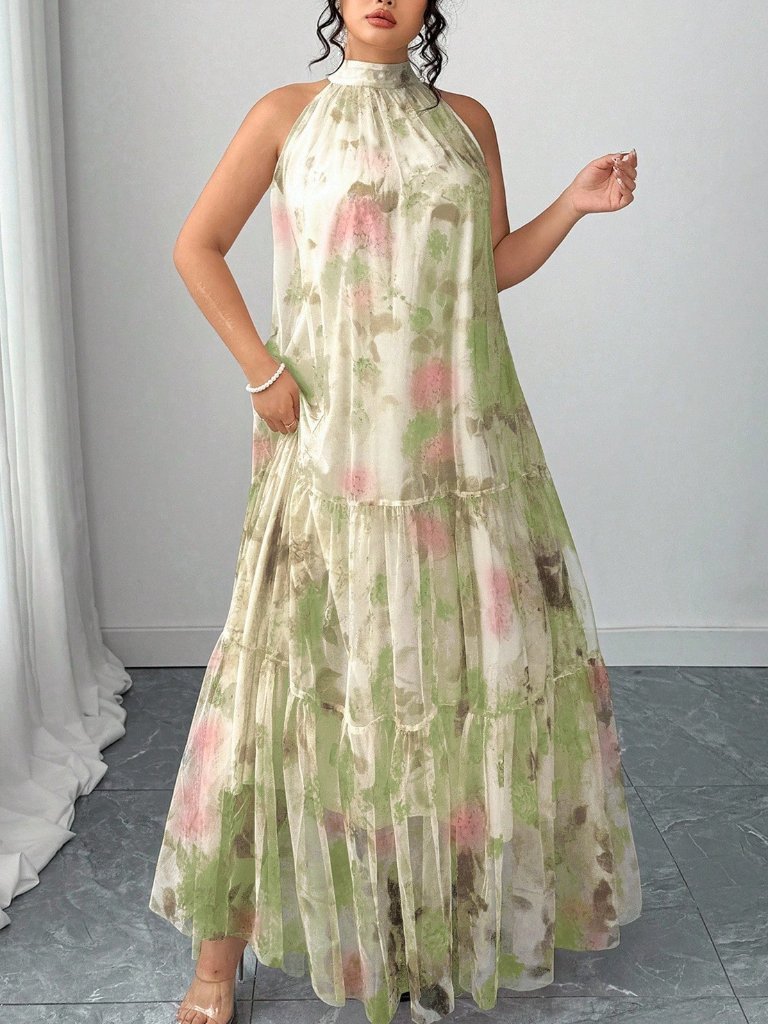 Green Casual Women's Plus Size Elegant Woven Sleeveless Floral Mesh Dress